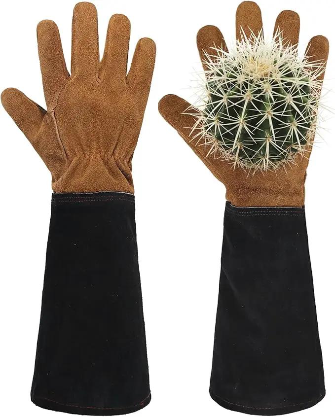 HANDLANDY Leather Gardening Gloves for Men & Women, Rose Pruning Thorn Proof Garden Glove, Long Sleeve Gauntlet Gloves (Black-brown, Large (Pack of 1)) by GreenHaven Gardens