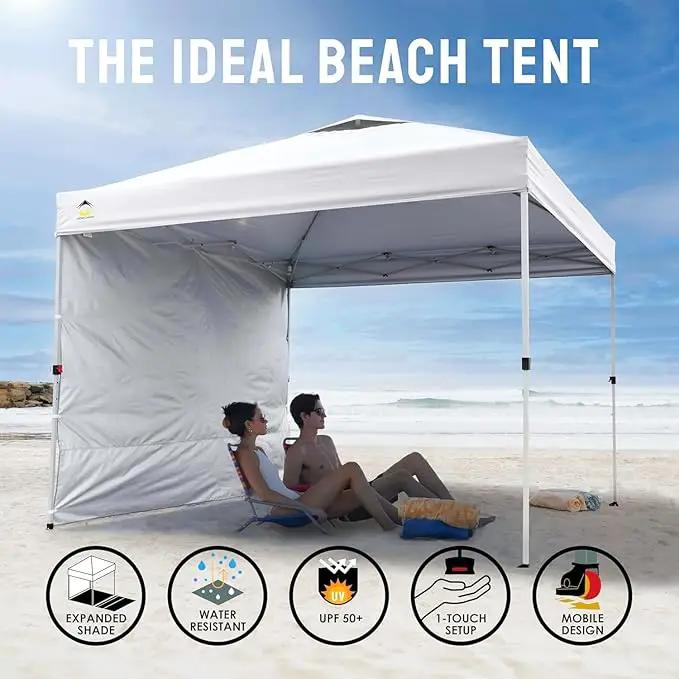 CROWN SHADES 10x10 Pop Up Canopy with 1 Side Wall - Beach Tent with One Push Setup - Outdoor Sun Shade for Events, Parties, Camping - Gazebo with STO-N-Go Cover Bag (White) by GreenHaven Gardens