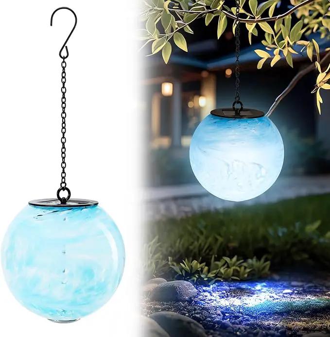 VCUTEKA Solar Chandelier Outdoor, Hanging Glass Solar Light with Hook Up, Garden Lanterns Decor for Yard, Tree and Patio, Blue by GreenHaven Gardens
