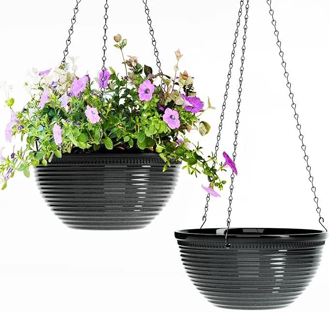 2 Pack Hanging Planters for Indoor Outdoor Plants, 10 Inch Hanging Planter with Drainage Hole & Plug Glazed Hanging Baskets Flower Pots for Garden Home (Black) by GreenHaven Gardens