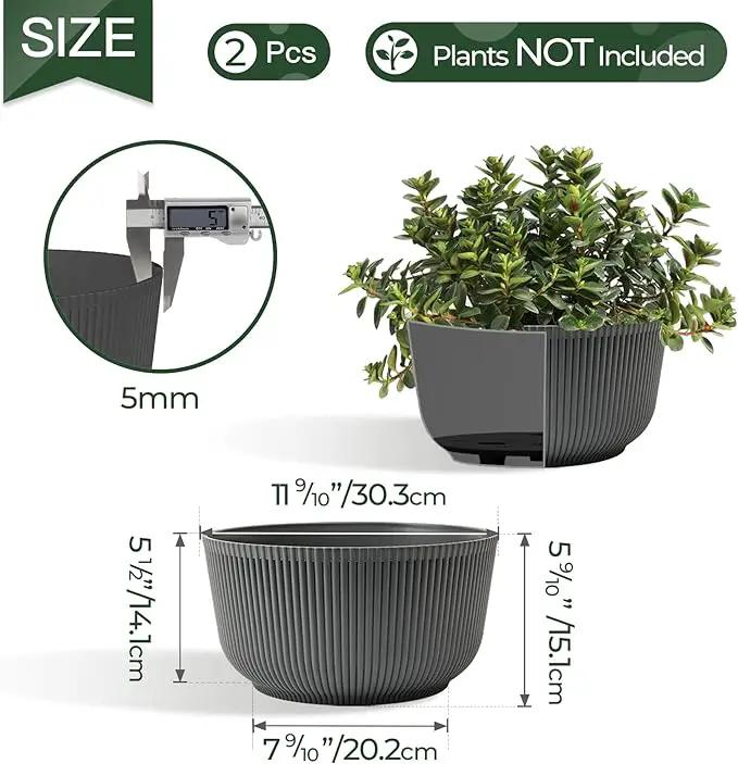 T4U 12 Inch Large Self Watering Plant Pots, Wide Self Watering Planter with Drainage Hole, Large Plant Pots Flower Pot for Plants, Set of 2,Gray by GreenHaven Gardens