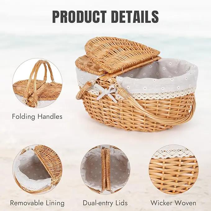 Happypicnic Wicker Picnic Basket with Handle, 15" Large Empty Picnic Basket with Lid & Removable Liner, Vintage Hand Woven Basket for Picnics, Camping, Veg Picking, Mother'S Day, Thanksgiving (Flower) by GreenHaven Gardens