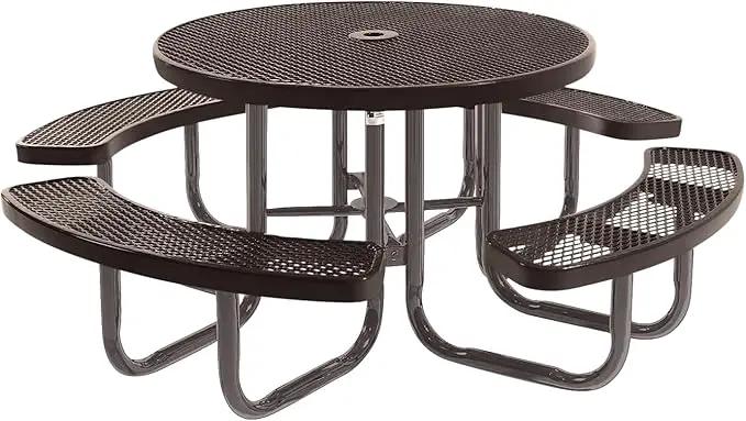 Heavy-Duty Portable Outdoor Picnic Table with Umbrella Hole, Expanded Metal Commercial-Grade Patio Dining Furniture Made in America (46" Round Top, Brown with Brown Frames) by GreenHaven Gardens