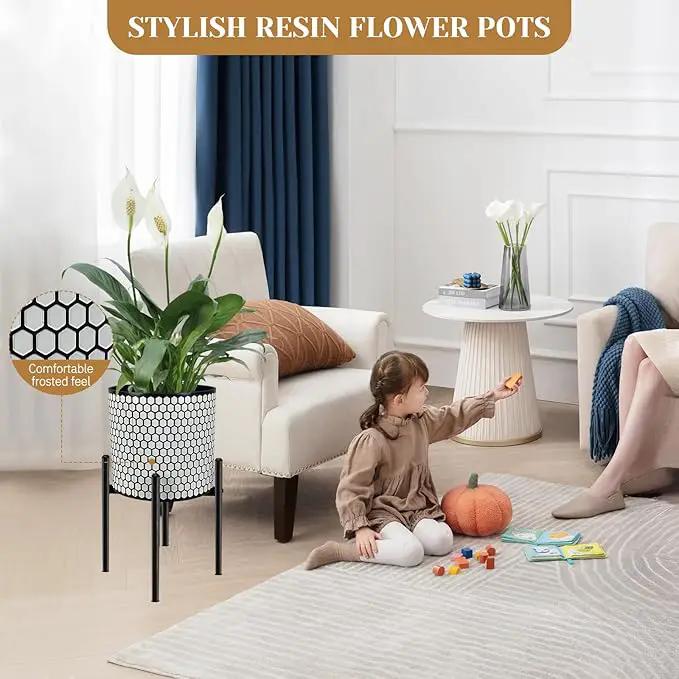 12 Inch Flower Pot Without Bracket with Drainage Holes Suitable for Indoor and Outdoor Decorative Planting (Black White Hexagon, 12 Inches) by GreenHaven Gardens