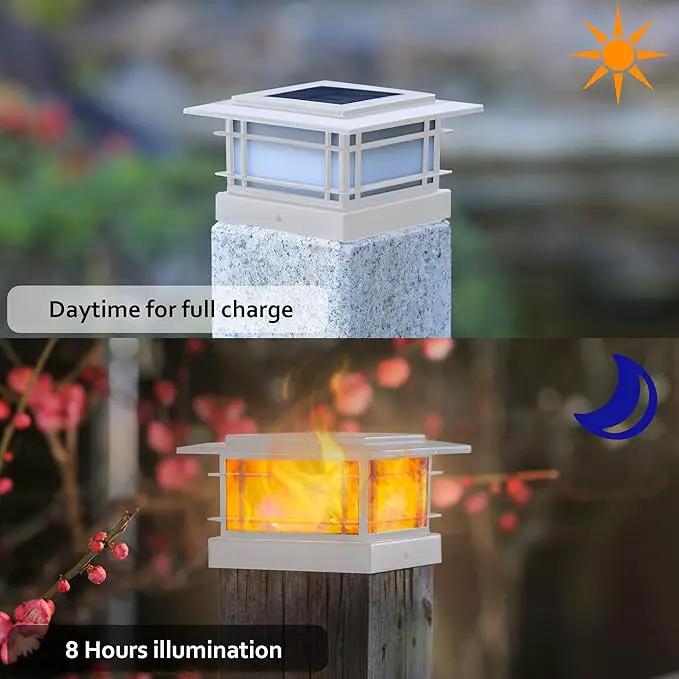 Dynaming 4 Pack Solar Flame Post Lights Outdoor, Solar Powered Fence Post White Shell Cap Light, High Brightness Flickering Flame LED Lighting for Garden Deck Patio, Fit 4x4 5x5 6x6 Vinyl/Wooden Posts by GreenHaven Gardens