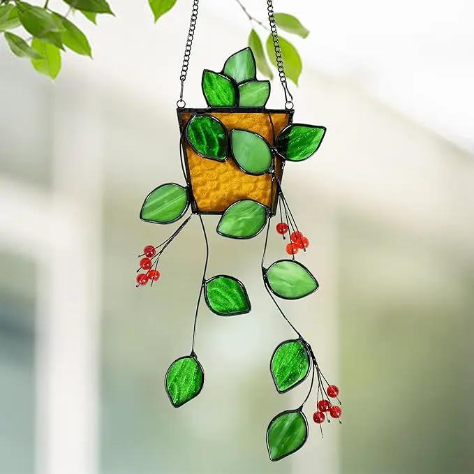 Royxen Stained Glass Window Hanging, Sun Catcher, Suncatchers for Windows Hanging, Green Plants with Yellow Pot by GreenHaven Gardens