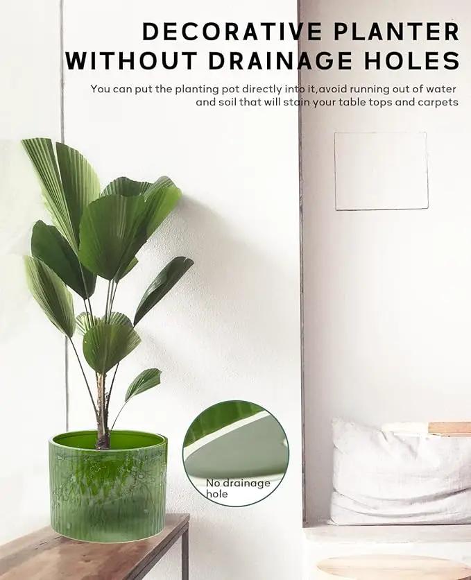 LaDoVita Ceramic Plant Pot with Stand, 10 Inch Planter with Wood Shelf, Modern Round Flower Pots Indoor with Wood Planter Holder, Dark Green Water Ripple Pattern by GreenHaven Gardens