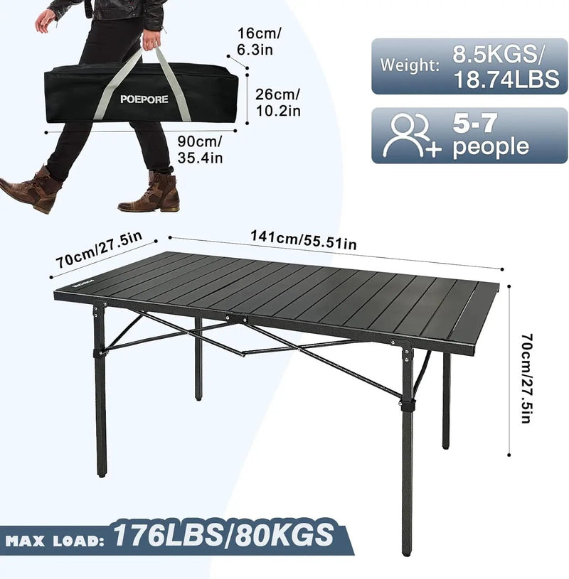 Large Folding Camping Table Aluminum for 5-7 People 55"X27.5" Roll Up Tall Outdoor Portable Table Lightweight with Carry Bag for Picnic BBQ Backyard Beach Black by GreenHaven Gardens