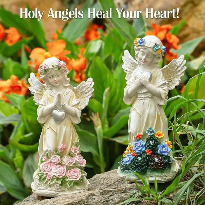 Angel Garden Statue 2Pcs,Love Heart Solar Garden Decor with Warm Light,Waterproof Praying Angel Statue with Flowers,Outdoor Garden Decor Sculpture for Lawn Yard Patio Garden Gifts,Apricot by GreenHaven Gardens