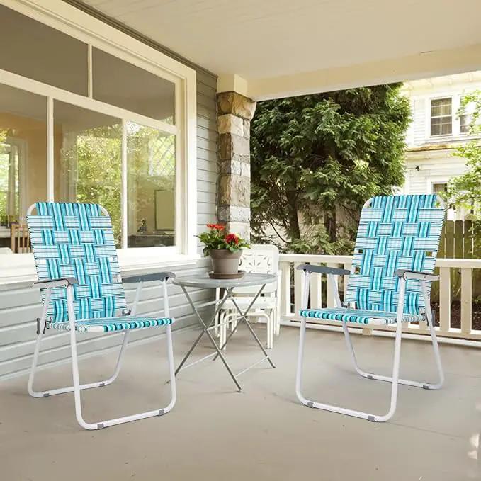 VINGLI Patio Lawn Webbed Folding Chairs Set of 2, Outdoor Beach Chair Portable Dining Chair for Outdoor Yard, Garden (White & Blue, Classic) by GreenHaven Gardens