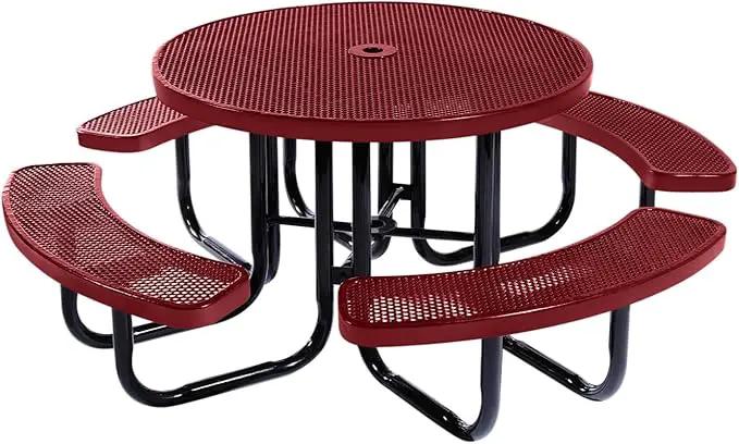 Heavy-Duty Portable Outdoor Picnic Table with Umbrella Hole, Punched Steel Commercial-Grade Patio Dining Furniture Made in America (46" Round Top, Burgundy) by GreenHaven Gardens