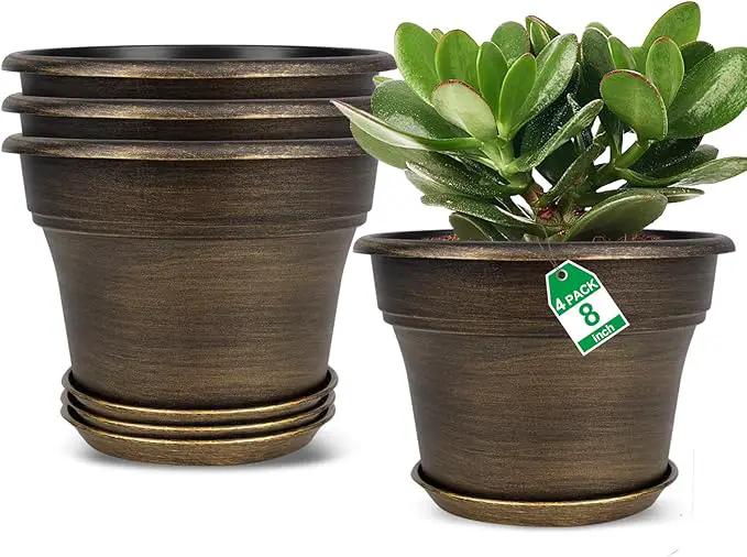 Plant Planters Pots Set of 4 Pack 8 Inch, Plastic Flower Pot for Indoor Plants with Drainage Holes & Trays, Resin Decorative Container Sets with Saucer for House Outdoor Garden Planters Dark Gold by GreenHaven Gardens