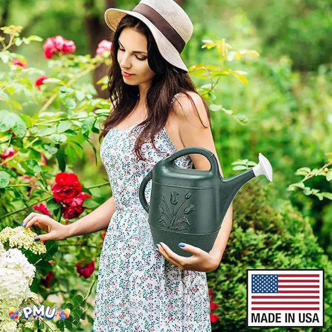 PMU 2 Gallon Watering Can - Garden Watering Can for Indoor & Outdoor Plants - Plastic Water Can with Detachable Sprinkler Head - Large Water Pot, Made in USA - Hunter Green Pkg/1 by GreenHaven Gardens