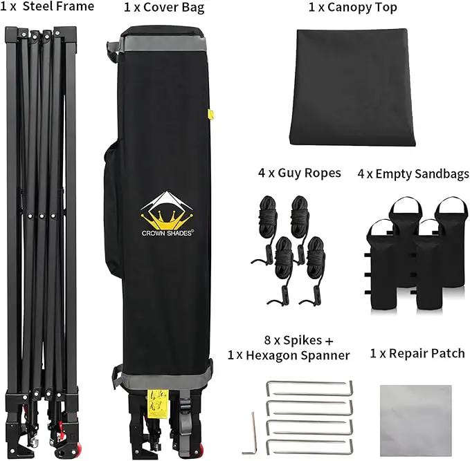 CROWN SHADES 10x10 Pop Up Canopy Tent - Patented Center Lock One Push Instant Outdoor Canopy Beach Tent with STO-N-Go Bag 8 Stakes & 4 Sand Bags，Black by GreenHaven Gardens