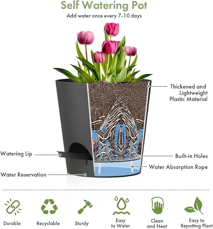 7/6.5/6/5.5/5/4 inch Self Watering Pots for Indoor Outdoor Plants, 6 Pack Plastic Flower Planters with Drainage Holes and Removable Saucers, Plant Pots with Wicking Rope, Modern Decor, Black by GreenHaven Gardens