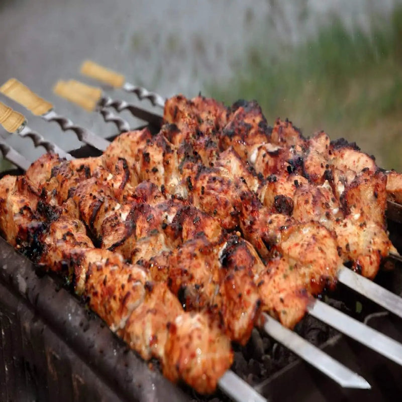 Antallcky 12 Pack Kebab Skewers 22 Inch BBQ Barbecue Skewers Stainless Steel Sticks Heavy Duty Large Wide Reusable with Nonslip Wooden Handle Ideal for Shish Kabob Chicken Shrimp and Vegetables by GreenHaven Gardens