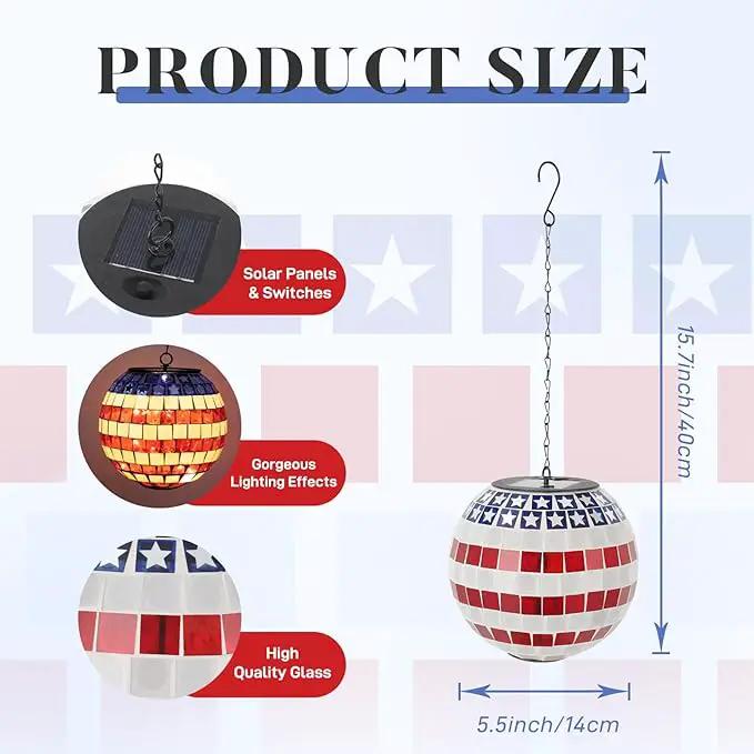 American Flag Solar Hanging Lanterns Outdoor Waterproof Glass Mosaic Gazing Ball Globe Hanging Lantern Lights for Patio Garden Yard Home Decor (Red) by GreenHaven Gardens
