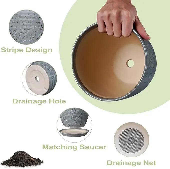 8 Inch Plant Pot Ceramic Planter Pot with Drainage Hole and Saucer Modern Round Flower Pot for Indoor Plants Light Gray by GreenHaven Gardens