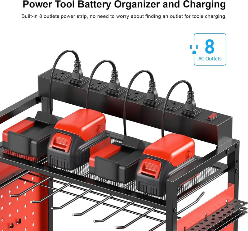CCCEI Garage Power Tools Organizer Cart with Charging Station, Red Floor Standing Rolling Drill and Tools Battery Storage Cart on Wheels. Utility Rack Gift for Men, Husband, Father. by GreenHaven Gardens