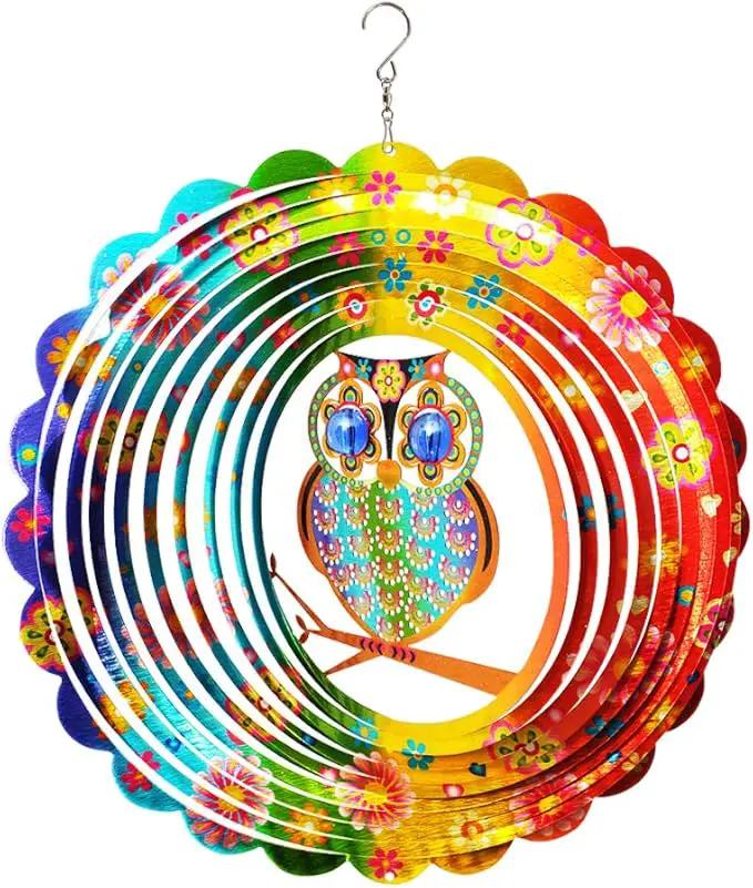 FONMY Wind Spinner Mandala Owl 12 inch 3D Stainless Steel Laser Cut Metal Art Geometric Pattern Hanging Wind Spinner, Kinetic Yard Art Decorations - Indoor/Outdoor Décor by GreenHaven Gardens