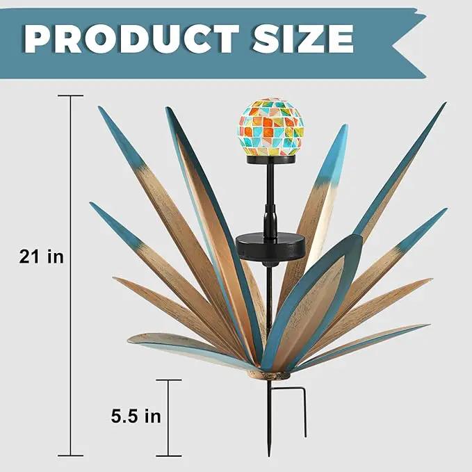 Enlarge Metal Plants Tequila Rustic Sculpture, Outdoor Patio Yard, Home Decor Hand Painted Agave Garden Statue, Outdoor Lawn Ornaments Yard Stakes for Mom Gift (2 Solar Blue) by GreenHaven Gardens