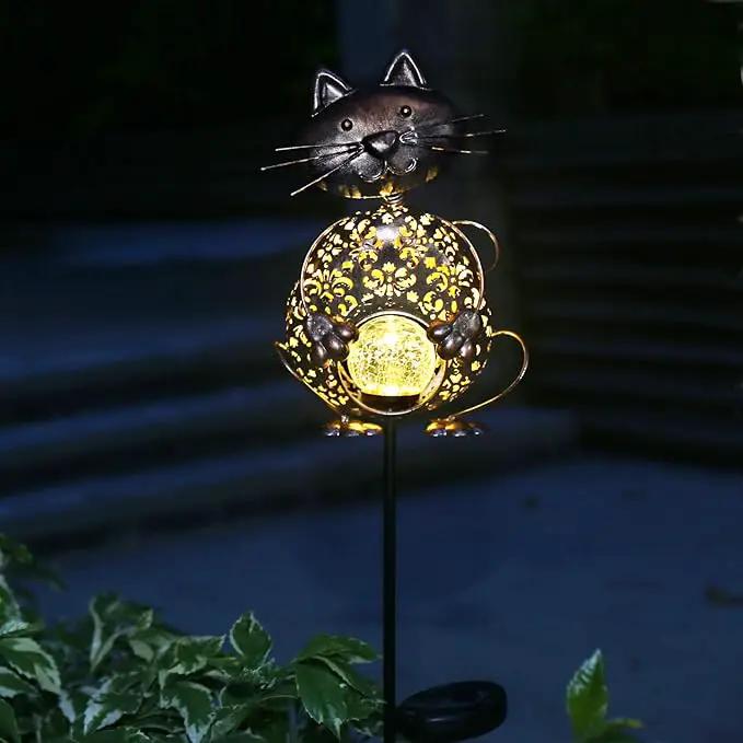 KAIXOXIN Garden Solar Lights Metal Cat Crackle Glass Globe Stake Light Waterproof Warm White LED Solar Path Lights (Cat-Bronze) by GreenHaven Gardens