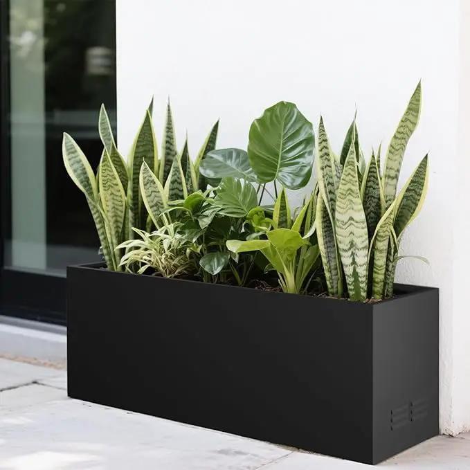Worth Garden Metal Planter Box - 30" L x 11" W x 13" H Matte Black Heavy Duty Large Rectangular Steel Modern Plant Pot, Indoor Outdoor - Insert Plate with Drain Holes, Air Vents, No Assembly Required by GreenHaven Gardens