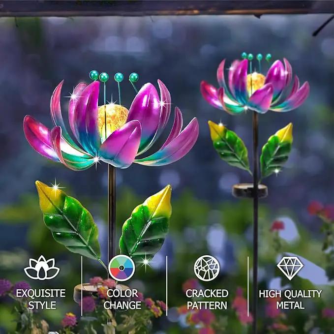 Solar Purple Metal Flower Wind Spinners, Colorful Spinning Windmill Lotus Yard Art Lights Wind Pinwheels with LED Crystal Ball Decorative Stake Lighting Flower Sculpture by GreenHaven Gardens