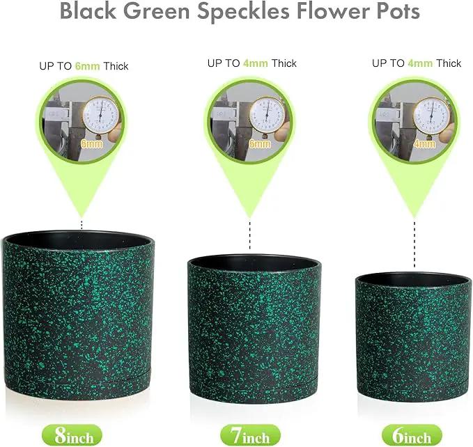 8/7/6 inch Plant Pots, 3 Pack Cylindrical Flower Pots for Outdoor Indoor Plants, Decorative Plastic Planters with Drainage Holes and Saucers for Garden House Plants, Black with Green Speckles by GreenHaven Gardens