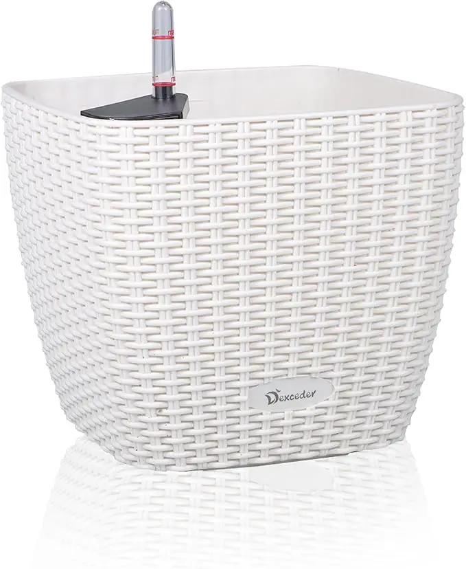 Dexceder 9x8 Self Watering Planter Indoor Outdoor, Inner Mat Design, Thickened Table Flower Plant Pot with Water Level Indicator (Ivory White Rattan) by GreenHaven Gardens