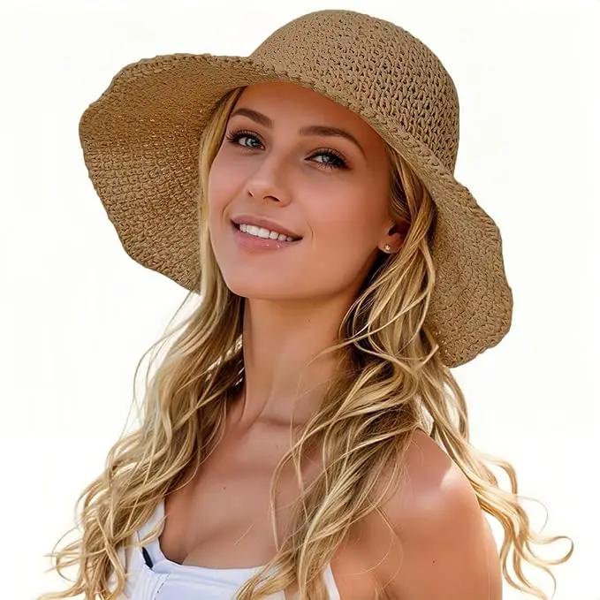 Womens Straw Beach Sun Hats, Foldable Packable Floppy Handmade Crochet Hats for Women,Large Summer Vacation Wide Brim Hat by GreenHaven Gardens