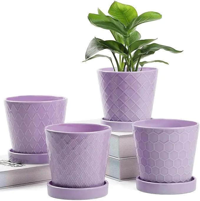 Plant Pots Indoor –5 in Ceramic Flower Pot with Drainage Hole and Ceramic Tray - Gardening Home Desktop Office Windowsill Decoration Gift, Set of 4 - Plants Not Included(Purple) by GreenHaven Gardens