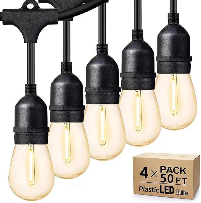 Svater Outdoor String Lights 200 FT, E26 Socket, 64pc S14 Shatterpoof Bulbs, 1 Watt Dimmable 2700K Warm White, IP65 Waterproof Commercial Grade Patio Light (4 Pack X 50FT) by GreenHaven Gardens
