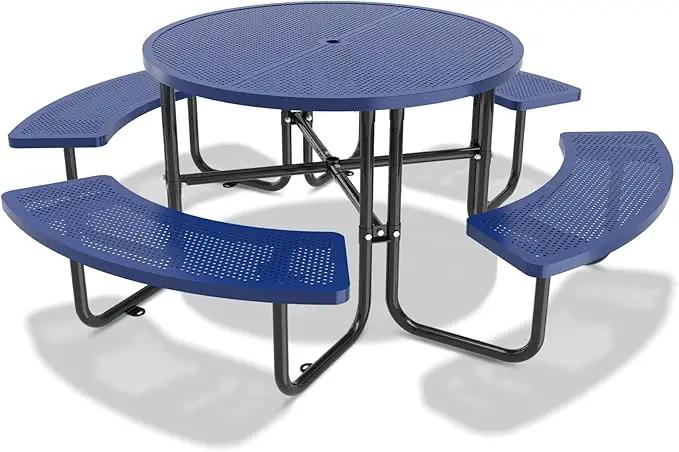 46'' Steel Round Picnic Table for Outdoors, Expanded, Lifetime Picnic Table with Umbrella Hole, Heavy Duty Sturdy Commercial Picnic Tables for Garden Courtyard BBQ, Blue by GreenHaven Gardens