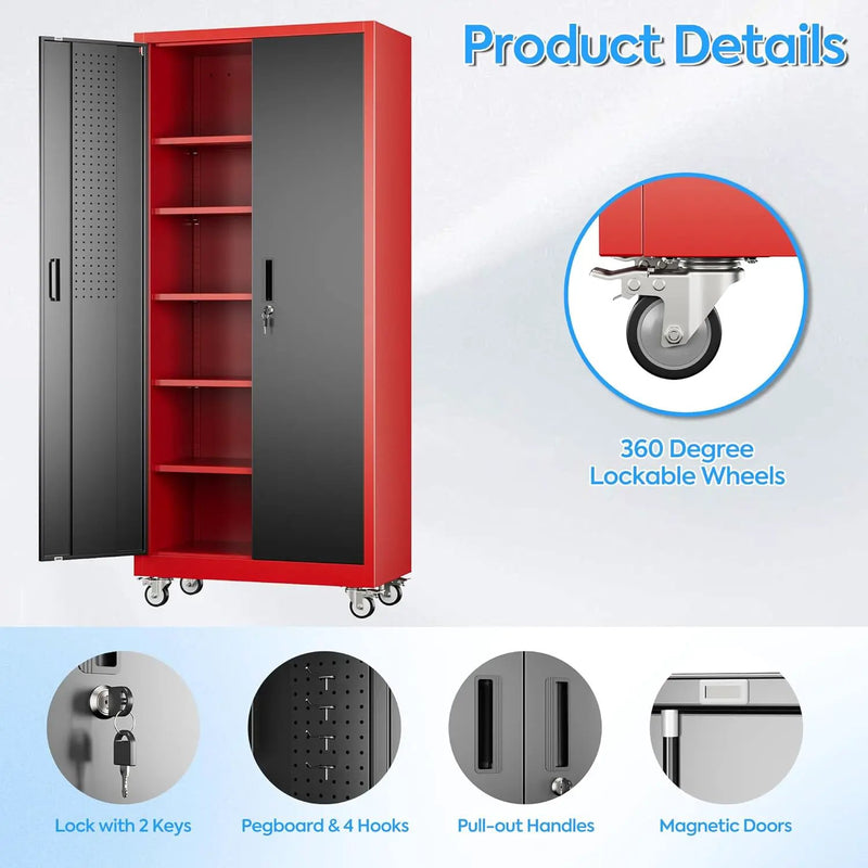 71" H×32" W×16" D Garage Storage Cabinet with Wheels, Locking Metal Storage Cabinet with 5 Adjustable Shelves, 4 Hooks and Pegboard for Garage, Home Office, Kitchen, Black and Red by GreenHaven Gardens