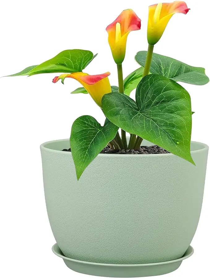 12 inch Big Plant Pots, Plastic Planters with Drainage Holes and Trays, Flower Pots for Indoor Outdoor Plants, Modern Decorative Pots for Garden House Plants, Green by GreenHaven Gardens