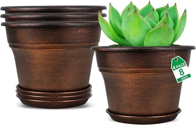 Plant Planters Pots Set of 4 Pack 8 Inch, Plastic Flower Pot for Indoor Plants with Drainage Holes & Trays, Resin Decorative Container Sets with Saucer for House Outdoor Garden Planters Copper by GreenHaven Gardens