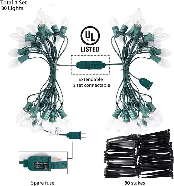 C9 Christmas Lights Outdoor, 4 Packs Total 102.8 Ft 80 Bulbs Christmas Pathway Lights, Waterproof Walkway Lights for Outside Driveway Sidewalk Outdoor Christmas Decorations Yard, Clear by GreenHaven Gardens