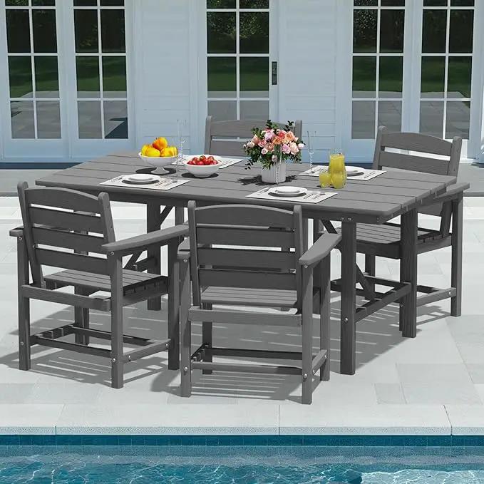 Patio Dining Set for 4 with Umbrella Hole - 66" Outdoor Table & 4 Chairs, All-Weather HDPE Outdoor Furniture for Lawn, Garden, Backyard, Poolside, Gray by GreenHaven Gardens