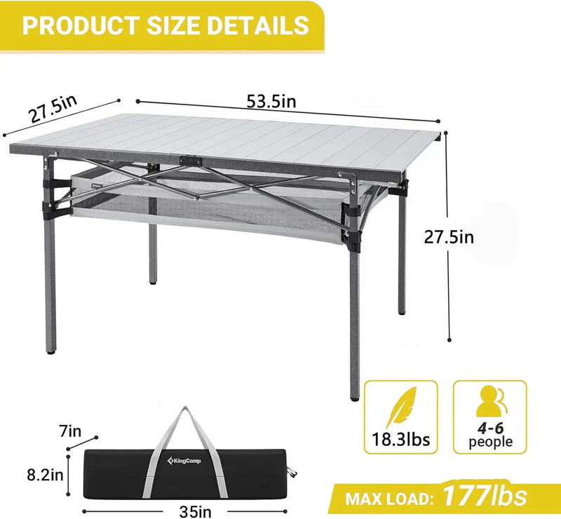 KingCamp Spacious Tabletop Area Aluminum Compact Roll 4-6 Person Stable Adjustable Feet Table with Carry Bag for Outdoor Camp Picnic, Black/Siver_53.5"×27.5" with Storage Layer by GreenHaven Gardens