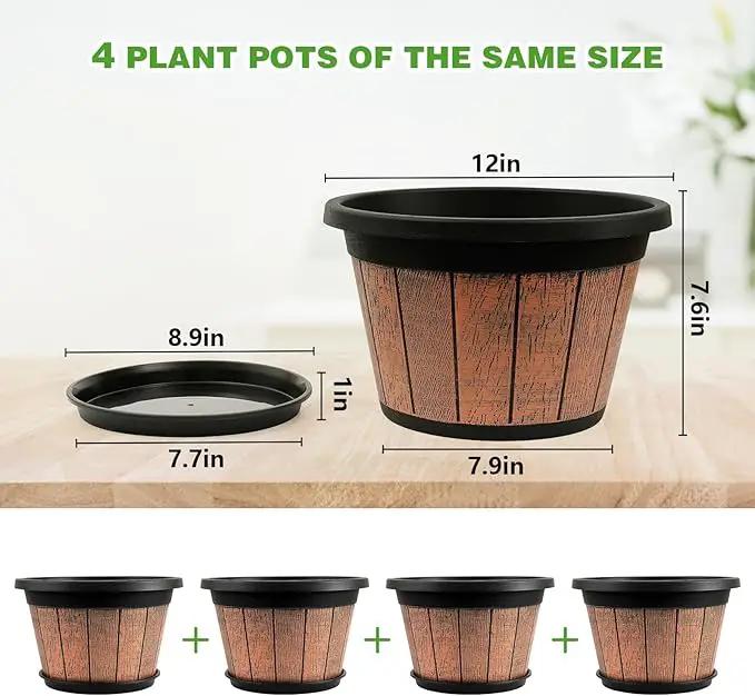 Quarut 4 Pack 12 inch Plant Pots,Whiskey Barrel Planters with Drainage Holes & Saucer,Plastic Decoration Flower Pots Retro Design,Planters for Outdoor Indoor Garden Home Plants (Brown) by GreenHaven Gardens