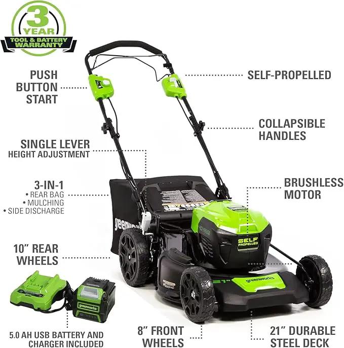 Greenworks 40V 21" Self-Propelled Lawn Mower,Axial Leaf Blower(500 CFM / 120 MPH),13" String Trimmer, 160 PSI Portable Tire Inflator, Includes 2 Batteries(5Ah+2Ah) & Chargers by GreenHaven Gardens