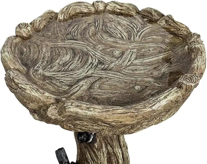 SunJet 23 Inch High Wood-Look Concrete Bird Bath with Decorative Faux Bird – Birdbath Rustic & Long-Lasting Design, Enhances Garden, Patio, Yard, Lawn Decor by GreenHaven Gardens