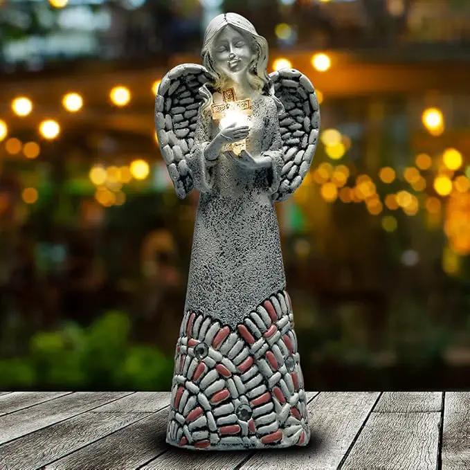 Angel Garden Statues Outdoor Solar Decor Gifts for Women Cross Praying for Cemetery Backyard Lawn Yard Decoration（10.24inch） by GreenHaven Gardens