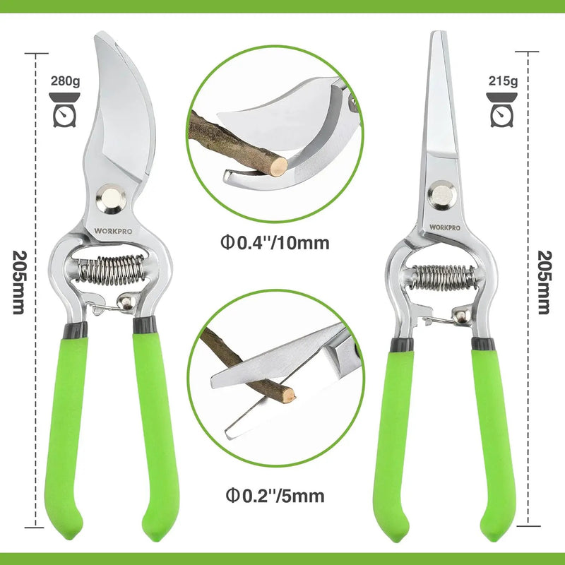 WORKPRO 2-Piece Pruning Shears and Garden Tool Belt Set, Gardening Belt with 5 Pockets and Adjustable Waist Belt, 8" Bypass Garden Shears and 8'' Handing Pruner with Steel Straight Blade by GreenHaven Gardens