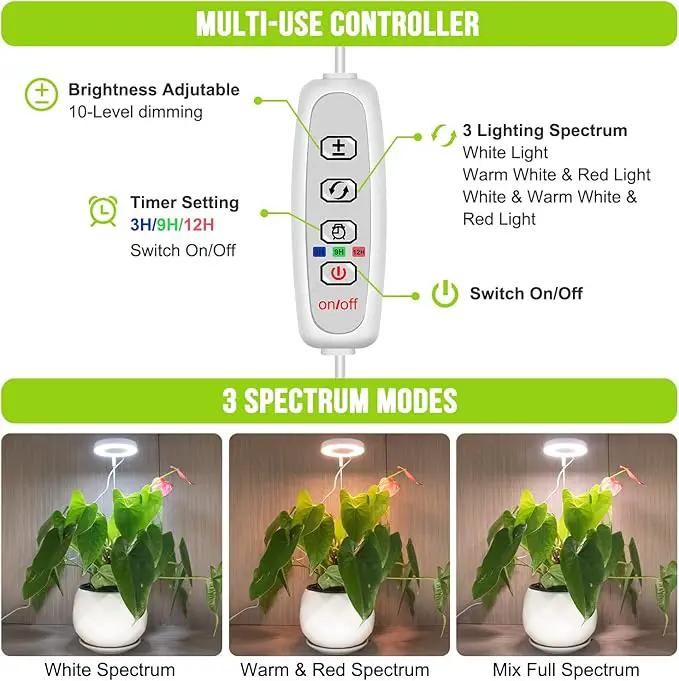 Grow Lights for Indoor Plants, Full Spectrum Halo Growing lamp with Detachable Base, Height Adjustable, 3 Colors, 10 Dimming, Automatic Timer, Plant Light for Succulents Small Plants by GreenHaven Gardens