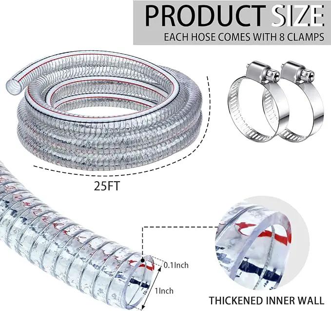 Frienda Heavy Duty Steel Wire Flexible Tubing with Fasteners PVC High Pressure Drain Hose Tube Pond Tubing Clear Wire Reinforced for Pond Bilge Pump Vacuum Suction Hose(24.6 Ft, 1 Inch Id) by GreenHaven Gardens