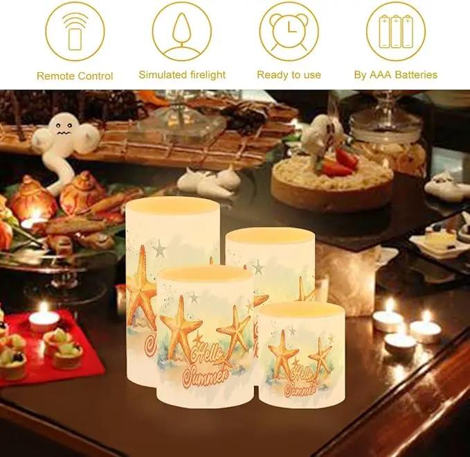 Flameless LED Candles Electric Candles with Remote Timer Control Color Changing Long Lasting Tealights Fake Candles Set of 4, Beach Themed Home Decoration, Starfish Hello Summer by GreenHaven Gardens