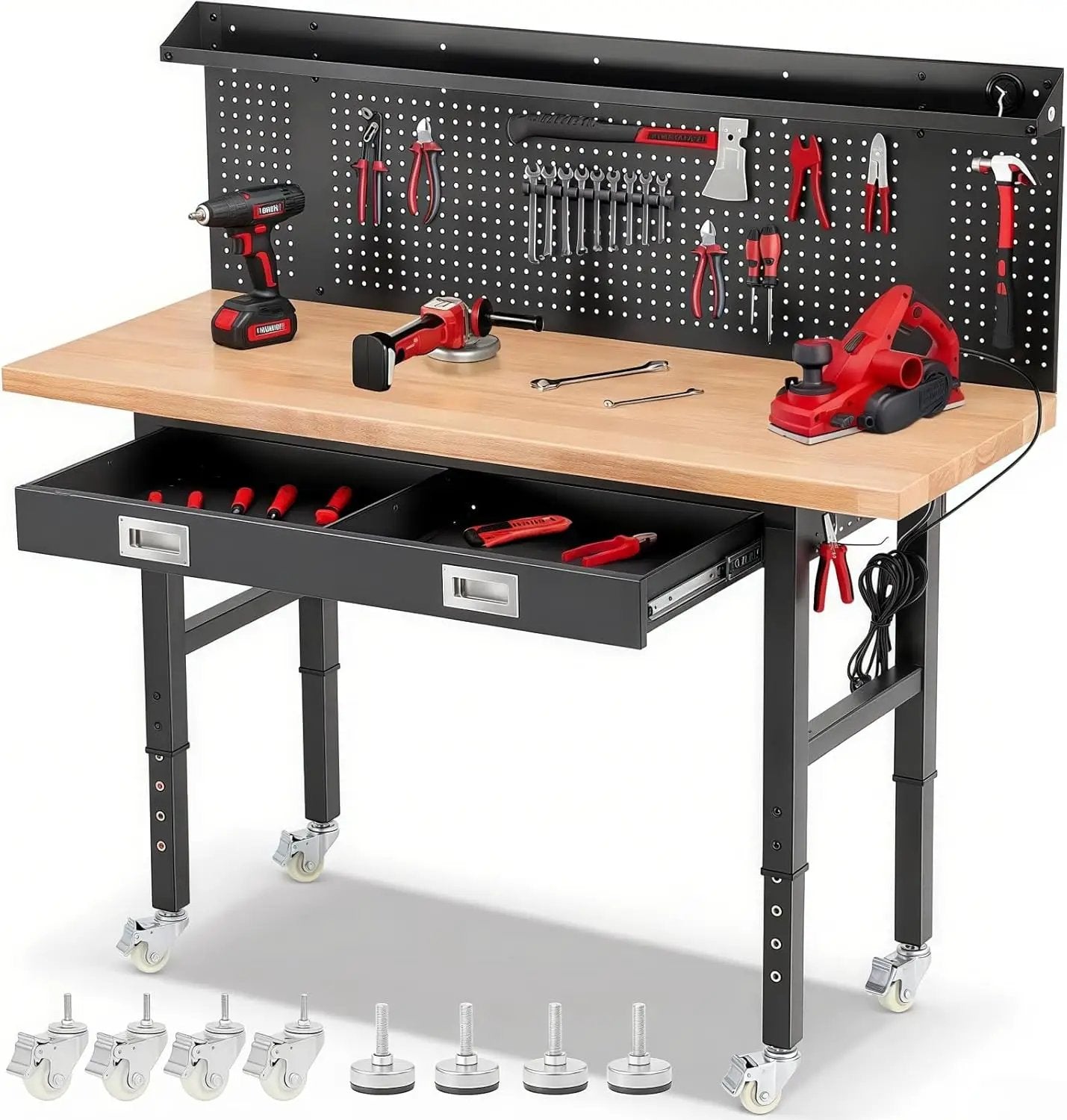 Workbench with Wheels 60 x 22 Inch Adjustable Height Work Table for Garage Heavy Duty Rubberwood Tabletop Work Bench with LED, Drawers, Pegboard, Power Outlets for Office Home Commercial by GreenHaven Gardens