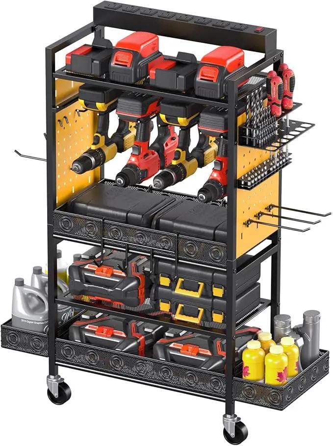 CCCEI Garage Power Tools Organizer Cart with Charging Station, Black Floor Standing Rolling Drill and Tools Battery Storage Cart on Wheels. Yellow Utility Rack Gift for Men, Husband, Father. by GreenHaven Gardens